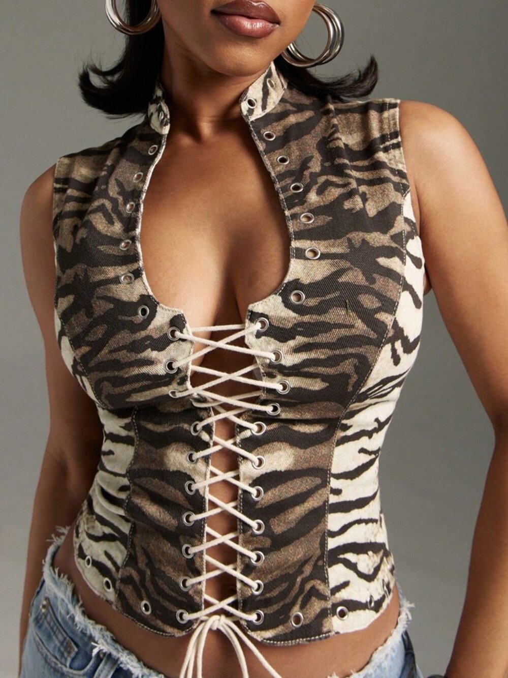 Brown Sexy Women's Zebra Print Lace Up Top Tops - Picture 5 of 5